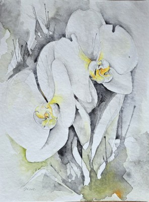 Aquarellbild abstrakter  Orchideen in Rosa- und Blautönen